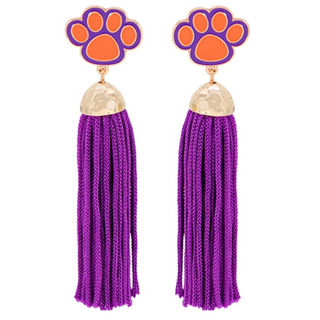 C38- Orange & Purple Paw Print Tassel Earrings