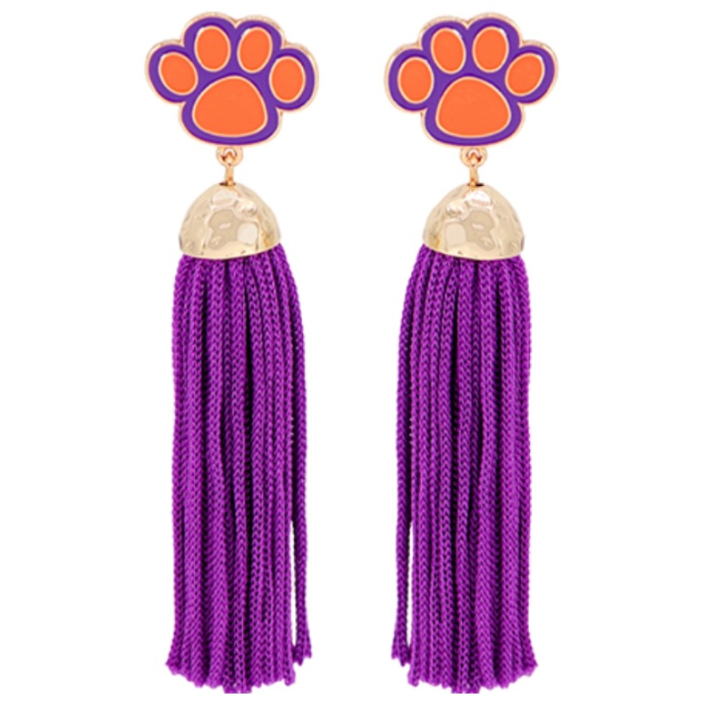 C38- Orange & Purple Paw Print Tassel Earrings Main Image