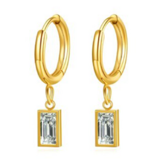 H11- HOOPS WITH RECTANGLE CZS- 18K GOLD-PLATED STAINLESS-STEEL EARRINGS