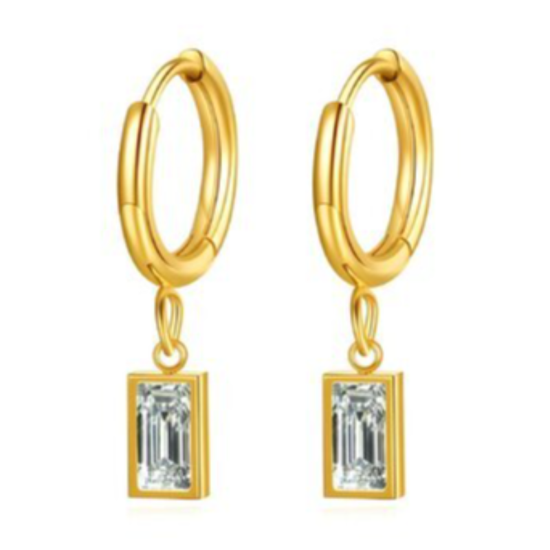 H11- HOOPS WITH RECTANGLE CZS- 18K GOLD-PLATED STAINLESS-STEEL EARRINGS Main Image