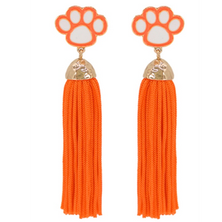 C37-  Orange & White Paw Print Tassel Earrings-