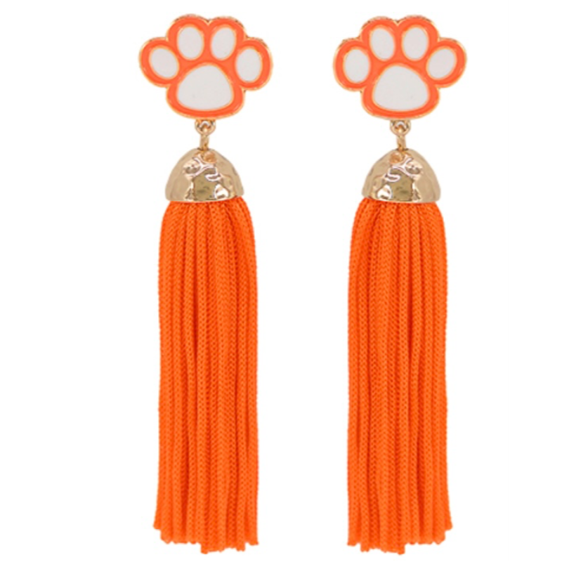 C37-  Orange & White Paw Print Tassel Earrings- Main Image