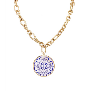 M25-Blue Patterned MOP Pendant Necklace