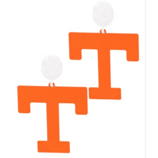 T144-2.25” Orange Metal " T " Game Day Earring