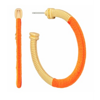 T65- 1 3/4” Gold & Orange Wrapped Thread and Textured Hoop Earrings