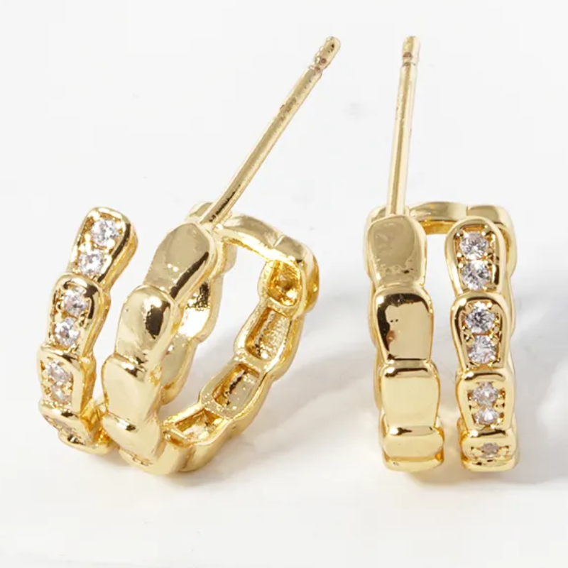 H4-14K Gold Dipped CZ Pave Double Open Hoop Earrings Main Image