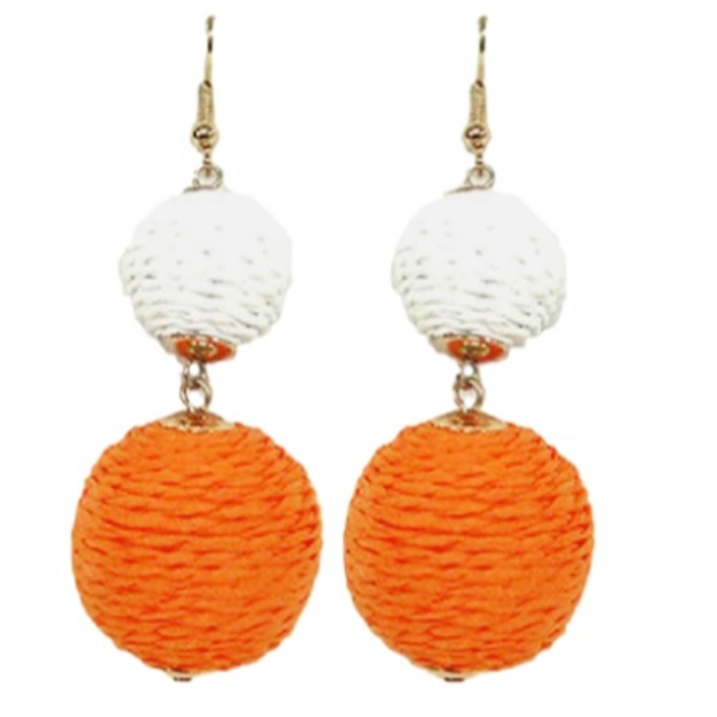 T108-2.25” white/ orange Raffia Double Ball Earrings Main Image