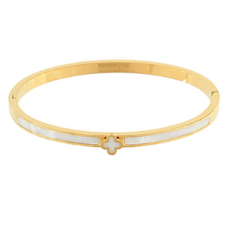 Q48- Stainless Steel Accented MOP Clover Bangle