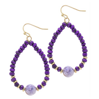 C47-Purple Wood Beads & Stone Teardrop Earrings