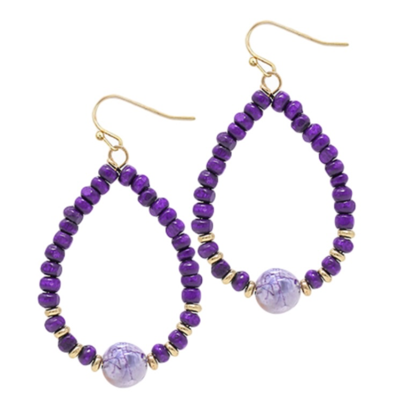 C47-Purple Wood Beads & Stone Teardrop Earrings Main Image