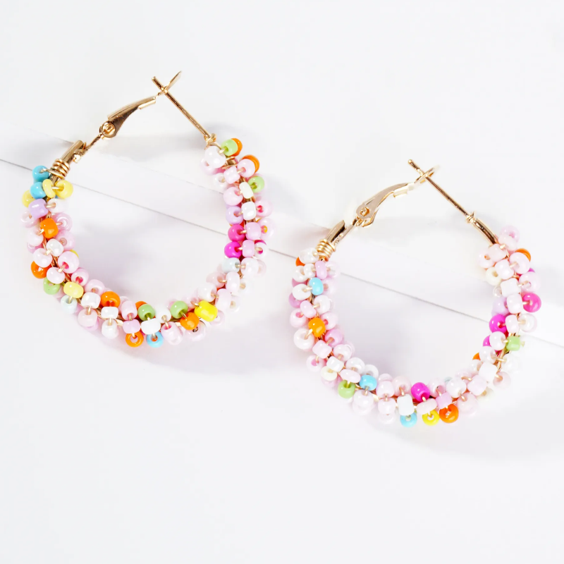 H5-Seed Beads Wire Wrapped 30mm Hoop Earrings - Thumbnail (Preview) 4