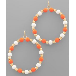 T162- 2” Orange, White & Gold Acrylic & Metal Bead Round Earrings