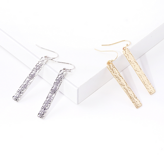 Y16- Polished Hammered Rectangle Bar Fish Hook Dangle Drop Earrings (available gold & silver) - Thumbnail 2