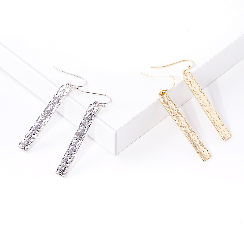 Y16- Polished Hammered Rectangle Bar Fish Hook Dangle Drop Earrings (available gold & silver) - Thumbnail (Preview) 2