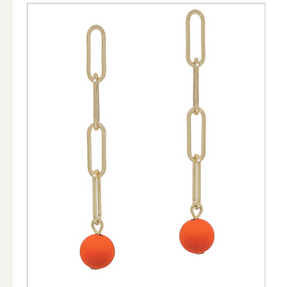 C135- Clip Chain & orange Color Ball Earrings