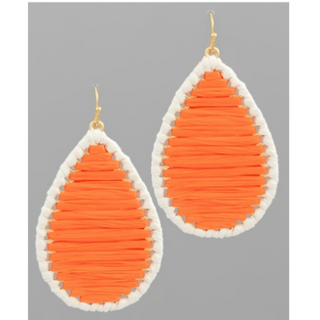 T82- 2” Orange & White Raffia Teardrop Earrings