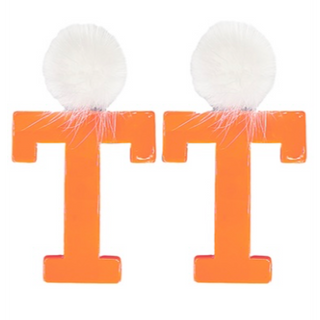 T147- 3” Orange & White Fur Pom Pom & T Earrings