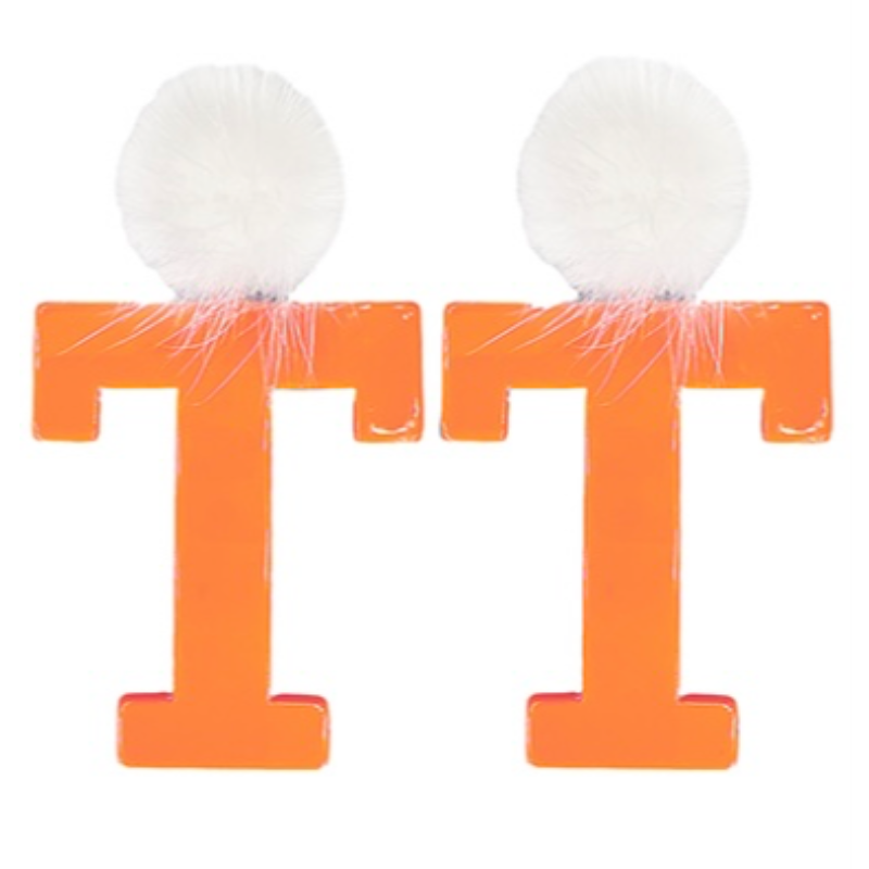 T147- 3” Orange & White Fur Pom Pom & T Earrings Main Image