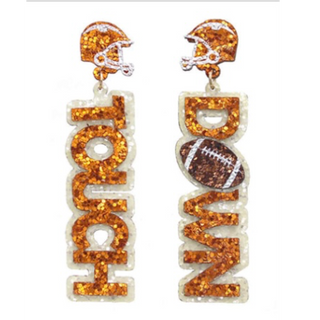 T135-Orange/White Glitter Gameday "TOUCH DOWN" Letter Earrings-