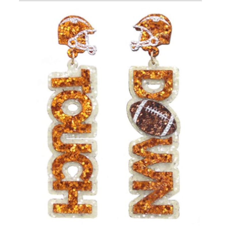 T135-Orange/White Glitter Gameday "TOUCH DOWN" Letter Earrings- Main Image