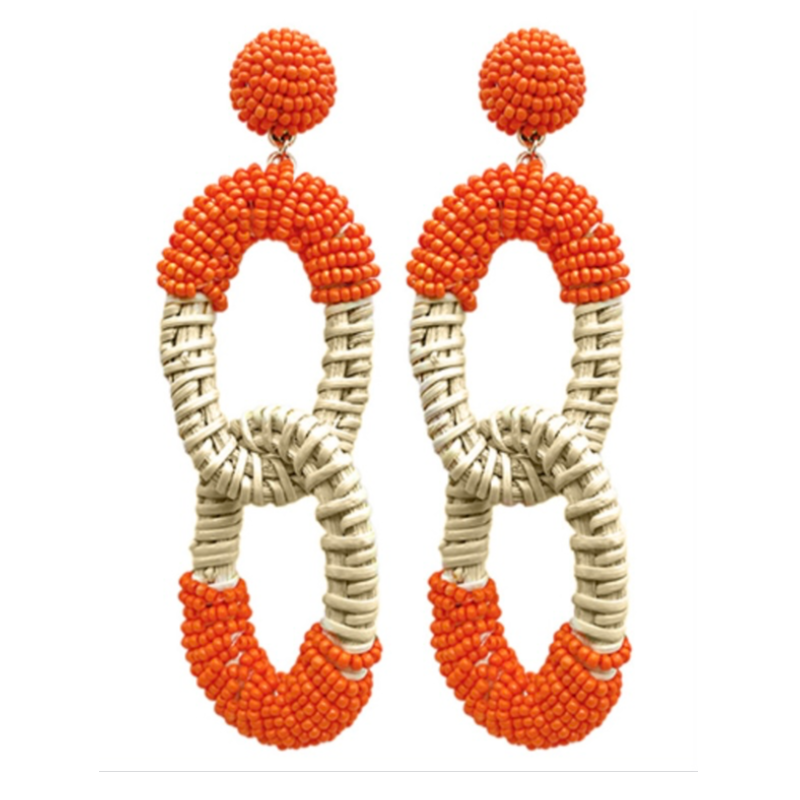 C48- Orange half bead and 2 Rattan Link Earrings Main Image