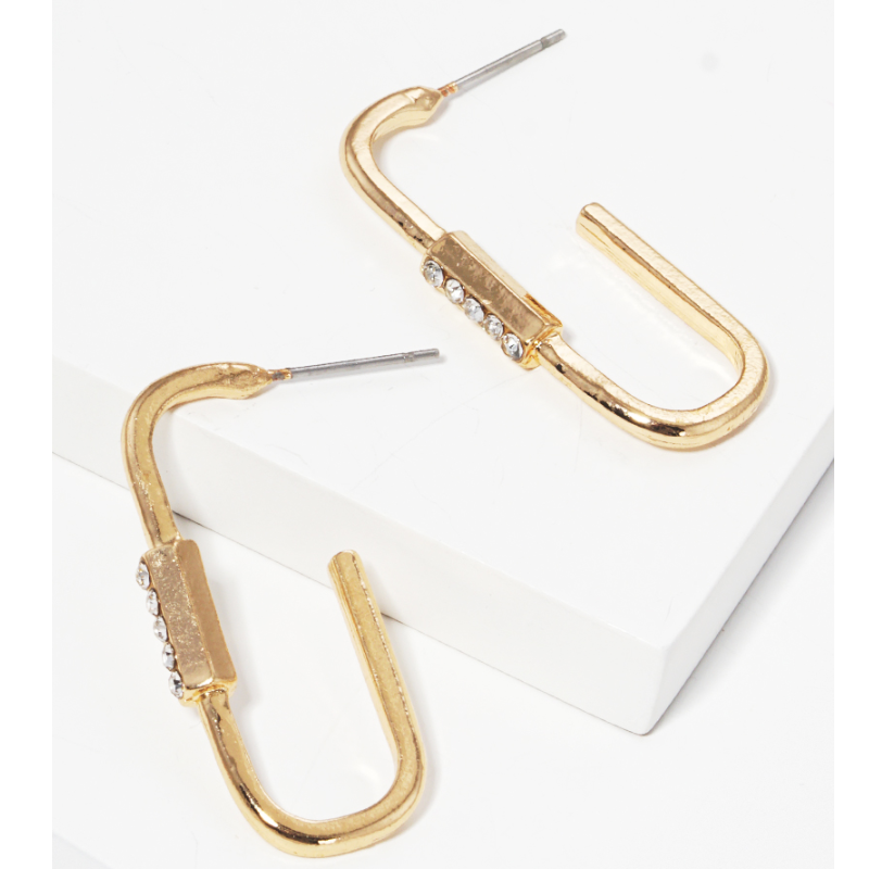 Y17- Gold Metal 10mm Carabiner Open Hoop Earrings with Stones(gold & worn gold) - Thumbnail (Preview) 3