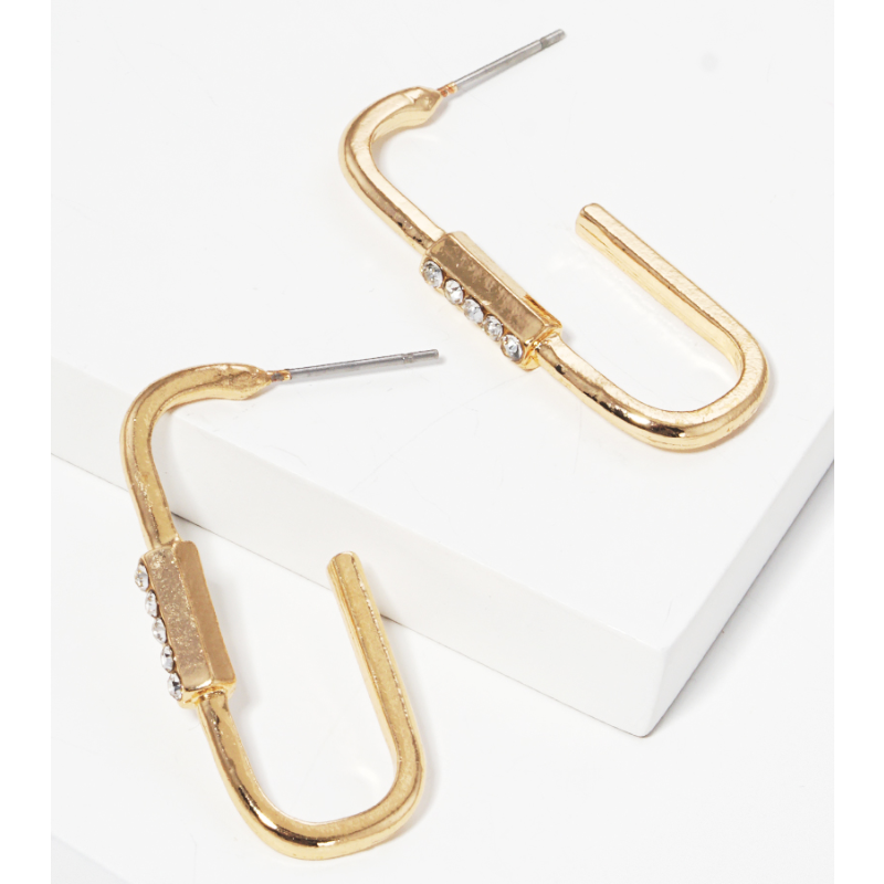 Y17- Gold Metal 10mm Carabiner Open Hoop Earrings with Stones(gold & worn gold) Main Image