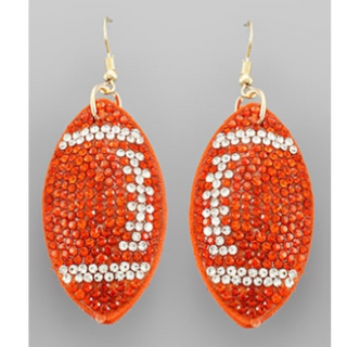 T158- 2.25”Orange Football Crystal Suede Earrings