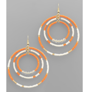 T188- 3” Orange &  White 3 Bead Circle Earrings