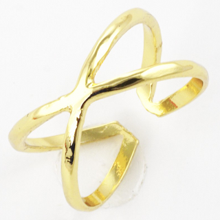 Y5-Gold dipped hammered X Shape Crossover Adjustable Brass Cuff Ring - Thumbnail 2