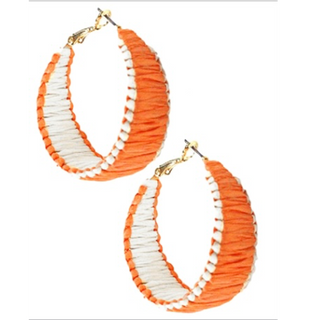 T133- 1.5” Orange/ White 2 Tone Edge Accent Raffia Hoops