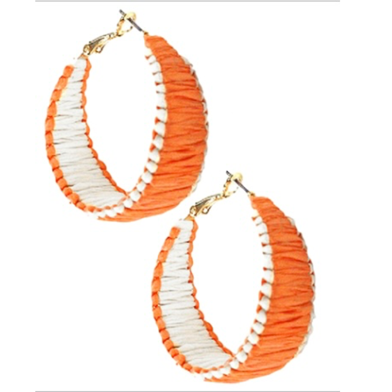 T133- 1.5” Orange/ White 2 Tone Edge Accent Raffia Hoops Main Image