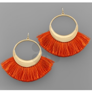 T198- 3” Orange Game Day Fan Tassel Circle Earrings