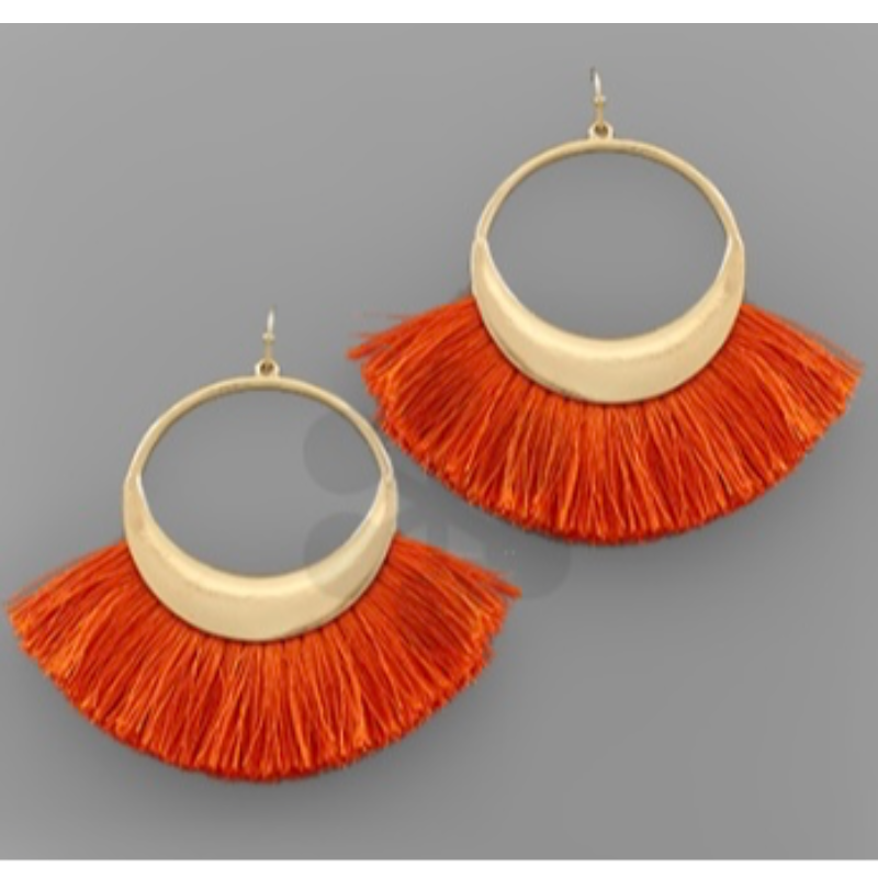 T198- 3” Orange Game Day Fan Tassel Circle Earrings Main Image