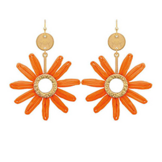 C66- Orange Raffia Flower Drop Earrings