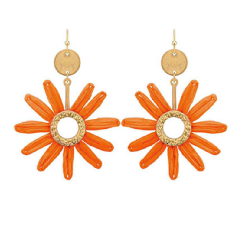 C66- Orange Raffia Flower Drop Earrings Main Image