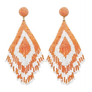 T139- 5” Orange & White "GAME DAY" Sports Color Bead Tassel Earrings