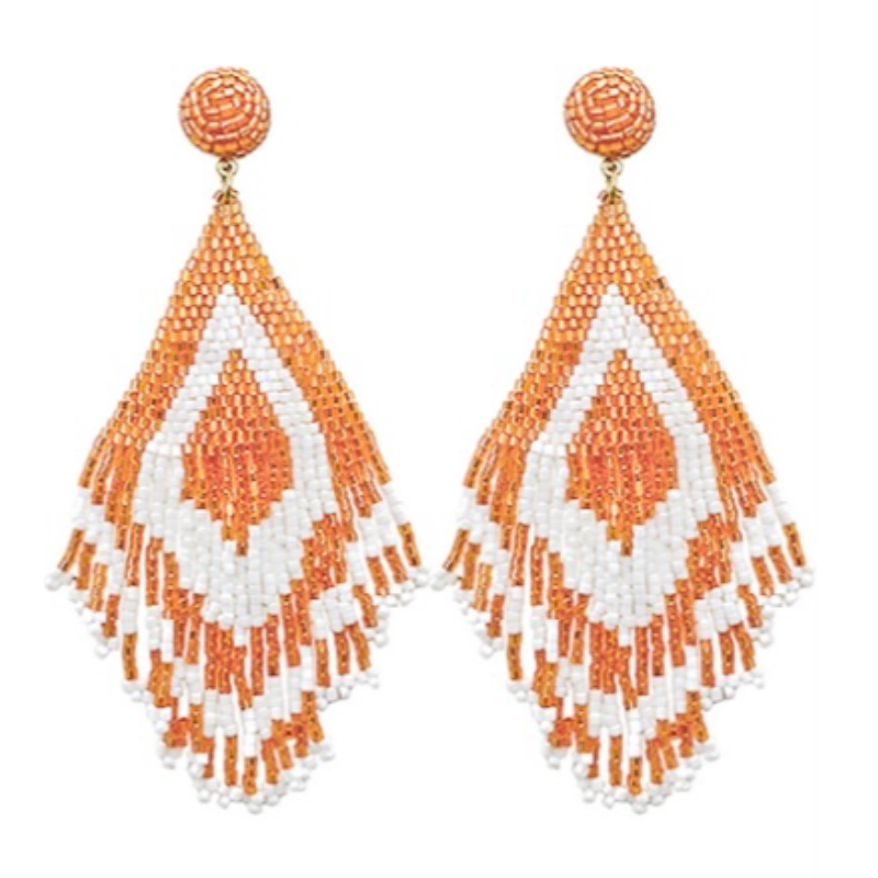 T139- 5” Orange & White "GAME DAY" Sports Color Bead Tassel Earrings Main Image