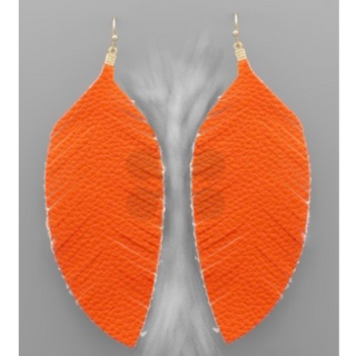 T189- Orange Leather Feather Earrings