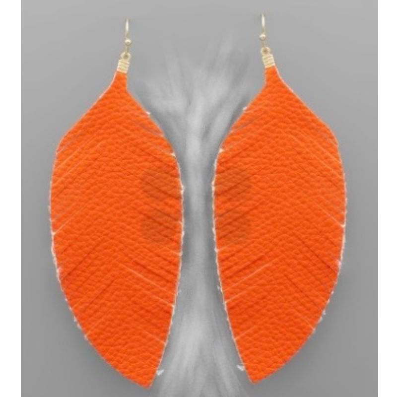 T189- Orange Leather Feather Earrings Main Image