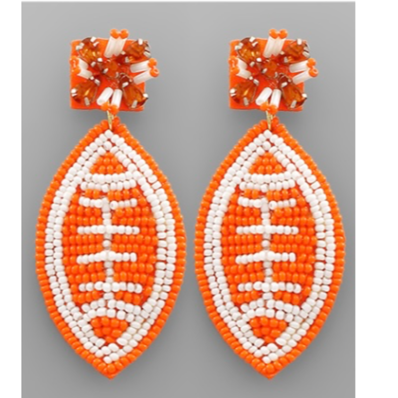 T18- white & orange beaded football earrings Main Image