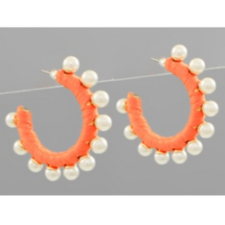 T53- Orange Raffia Pearl Hoops