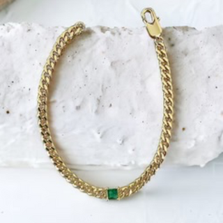 M79-Curb Chain Bracelet with Floating Cubic Zirconia (Gold & Silver and multiple color stones) - Thumbnail 4