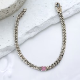 M79-Curb Chain Bracelet with Floating Cubic Zirconia (Gold & Silver and multiple color stones) - Thumbnail 7