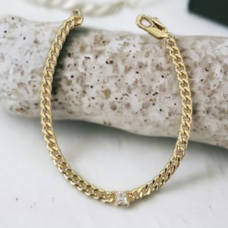 M79-Curb Chain Bracelet with Floating Cubic Zirconia (Gold & Silver and multiple color stones) - Thumbnail 2