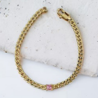 M79-Curb Chain Bracelet with Floating Cubic Zirconia (Gold & Silver and multiple color stones) - Thumbnail 6