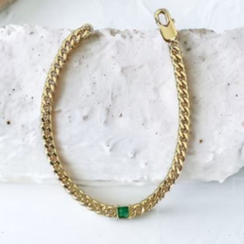 M79-Curb Chain Bracelet with Floating Cubic Zirconia (Gold & Silver and multiple color stones) - Thumbnail (Preview) 4