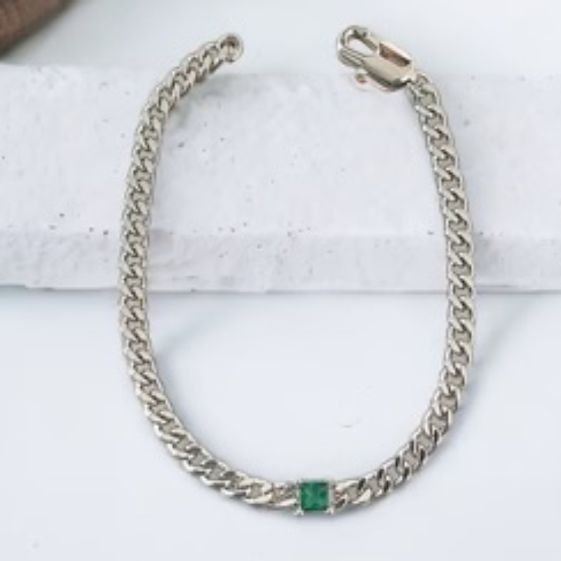 M79-Curb Chain Bracelet with Floating Cubic Zirconia (Gold & Silver and multiple color stones) - Thumbnail (Preview) 5