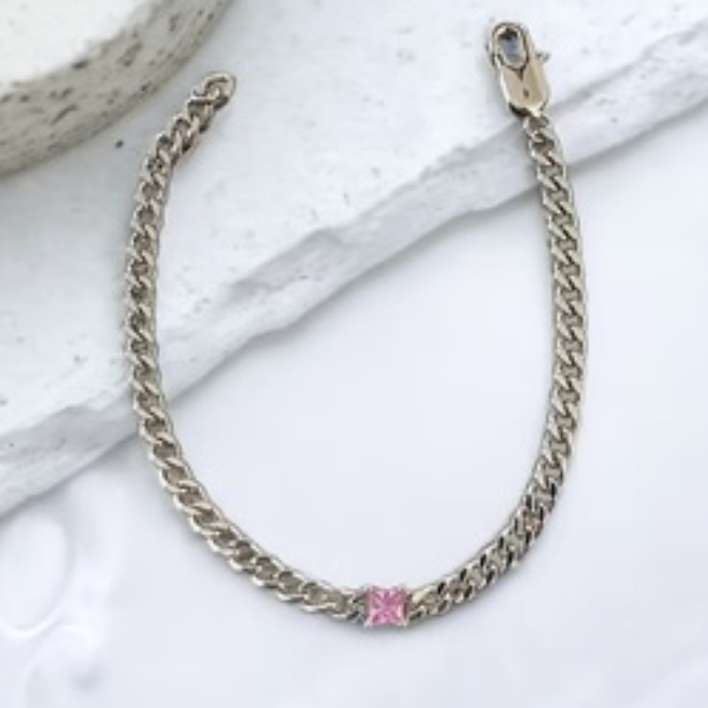 M79-Curb Chain Bracelet with Floating Cubic Zirconia (Gold & Silver and multiple color stones) - Thumbnail (Preview) 7