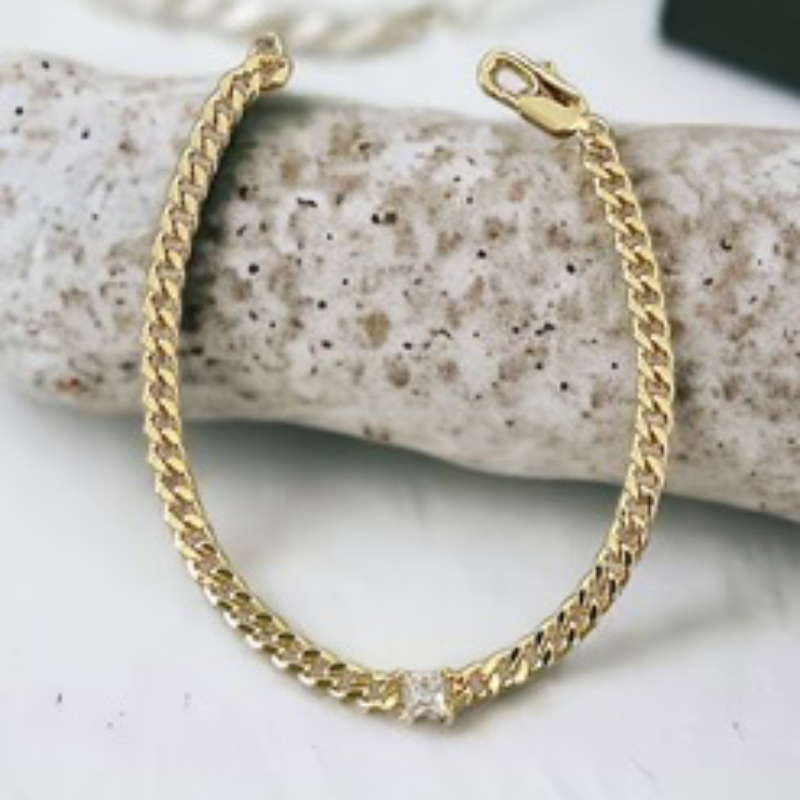 M79-Curb Chain Bracelet with Floating Cubic Zirconia (Gold & Silver and multiple color stones) - Thumbnail (Preview) 2